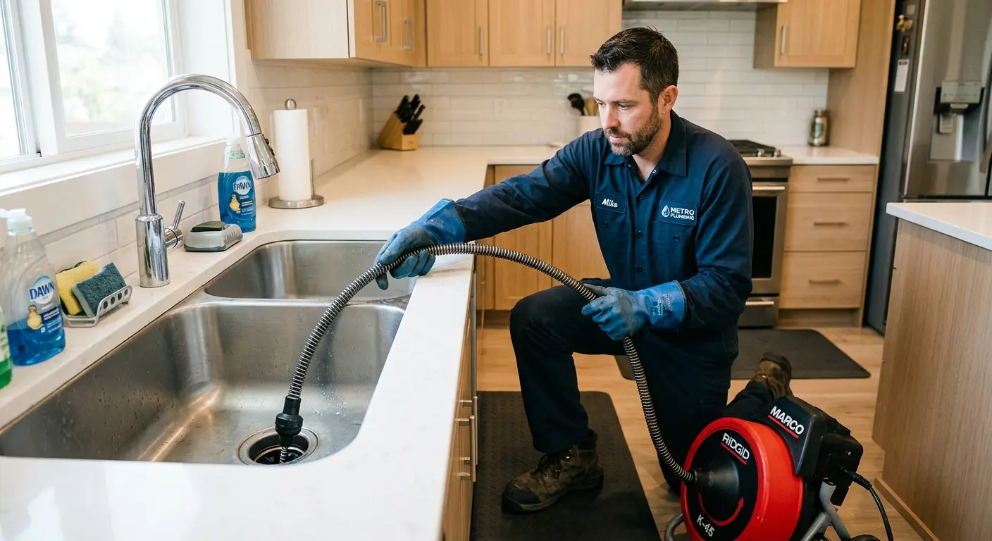 Drain cleaning technician using a motorized snake on a kitchen sink in Norwich