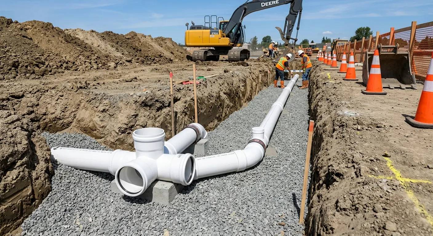 New PVC sewer pipe installation in open trench for Sewer Backup in Norwich