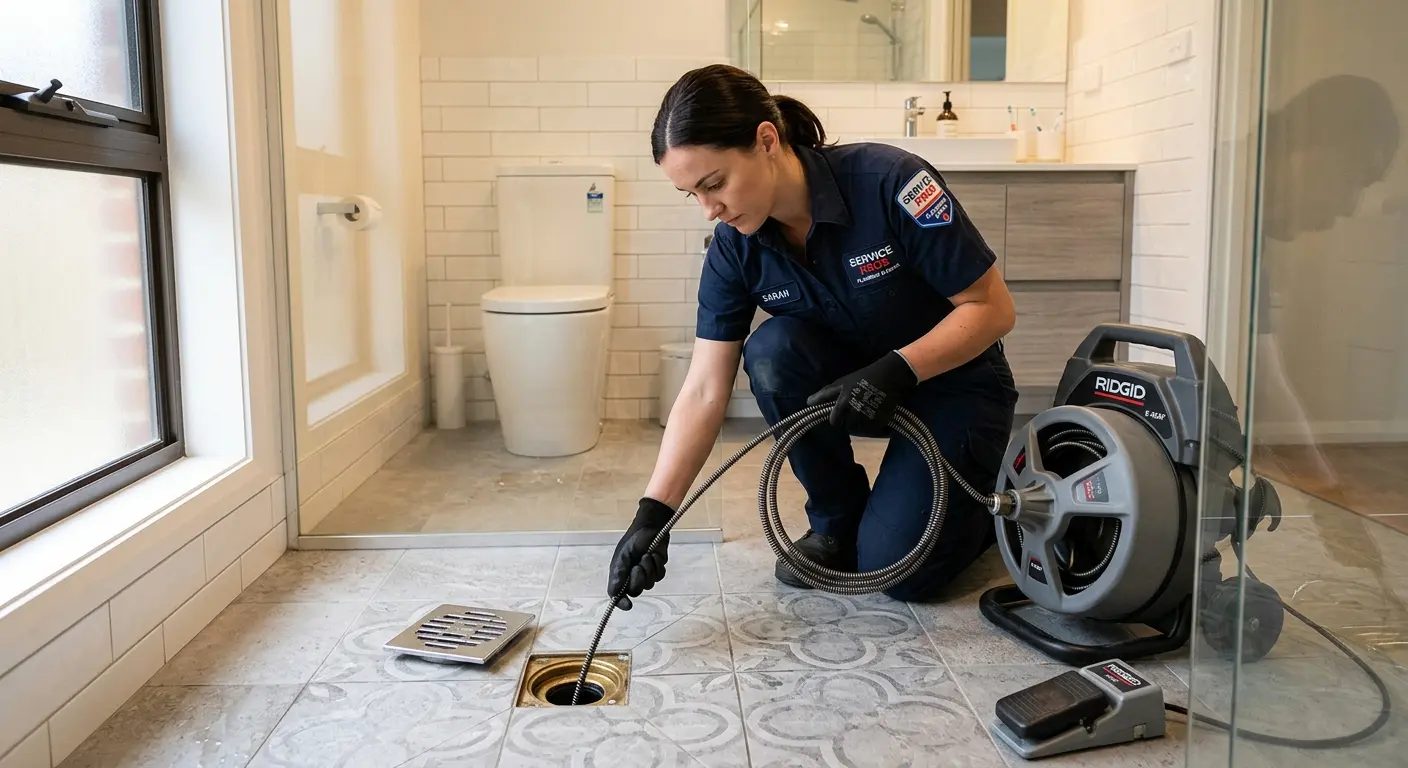 Technician clearing a bathroom floor drain for Sewer Line Replacement in Norwich